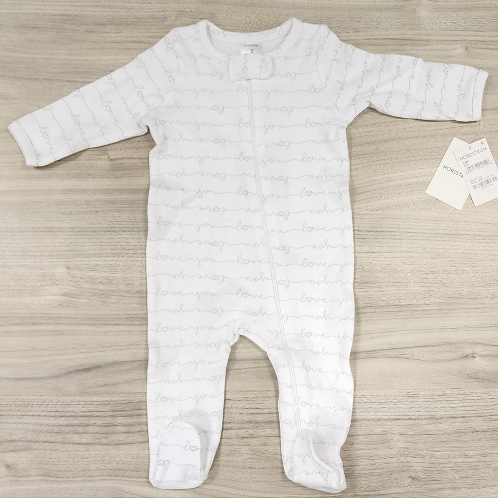 Nordstrom Print "Love You" Cotton Footie in White & Grey (0-3M)